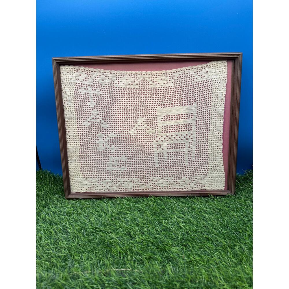 Framed Vintage Hand-Crocheted Doily - “Take a Seat” - 14.5” x 12”